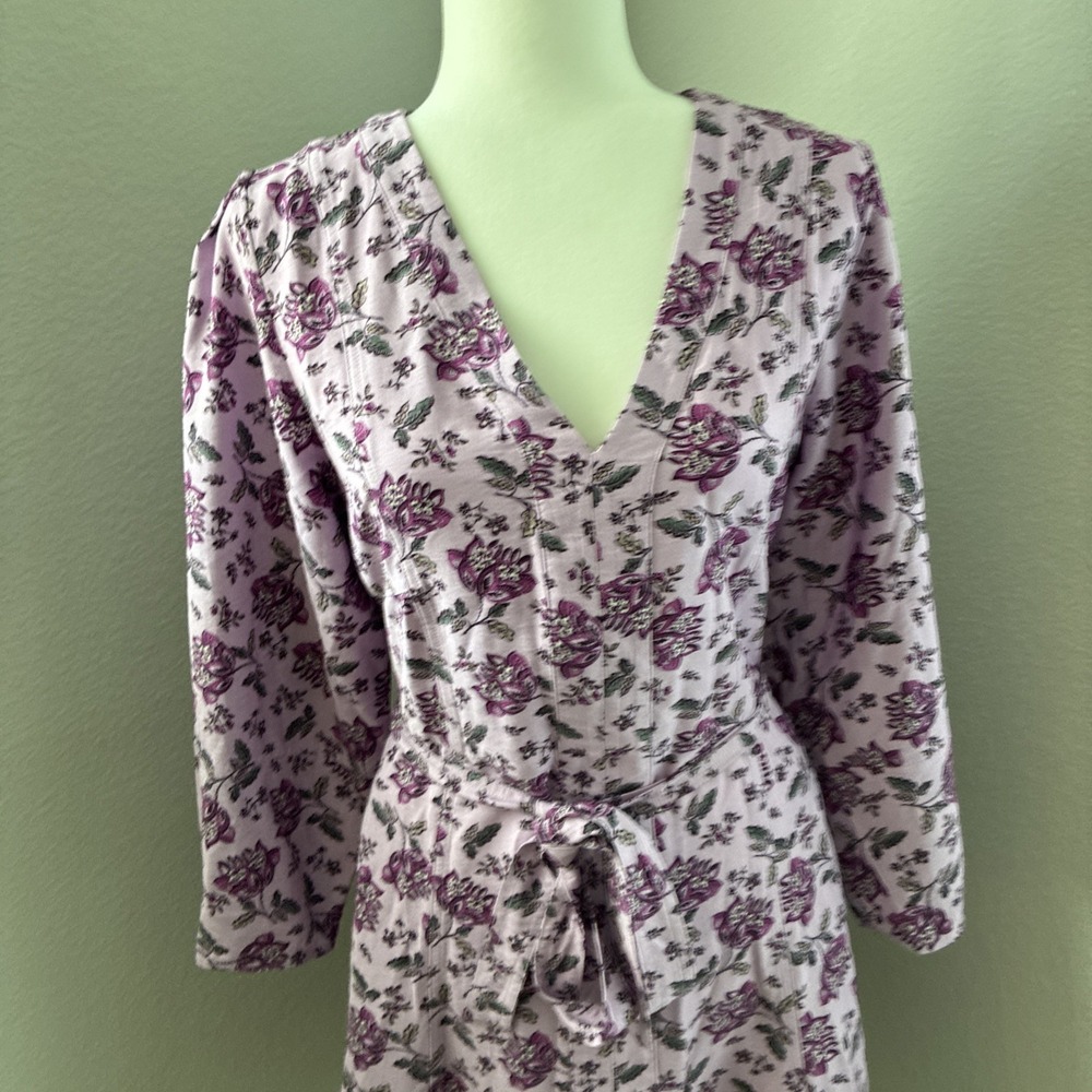 Loft Women's Floral V-neck 3/4 Sleeve Midi A-Line Dress Tie Waist Size Medium - Picture 4 of 12